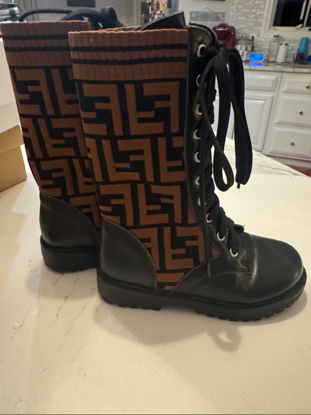 Fendi Kids Brown and Black Logo Knit Lace-Up Boots